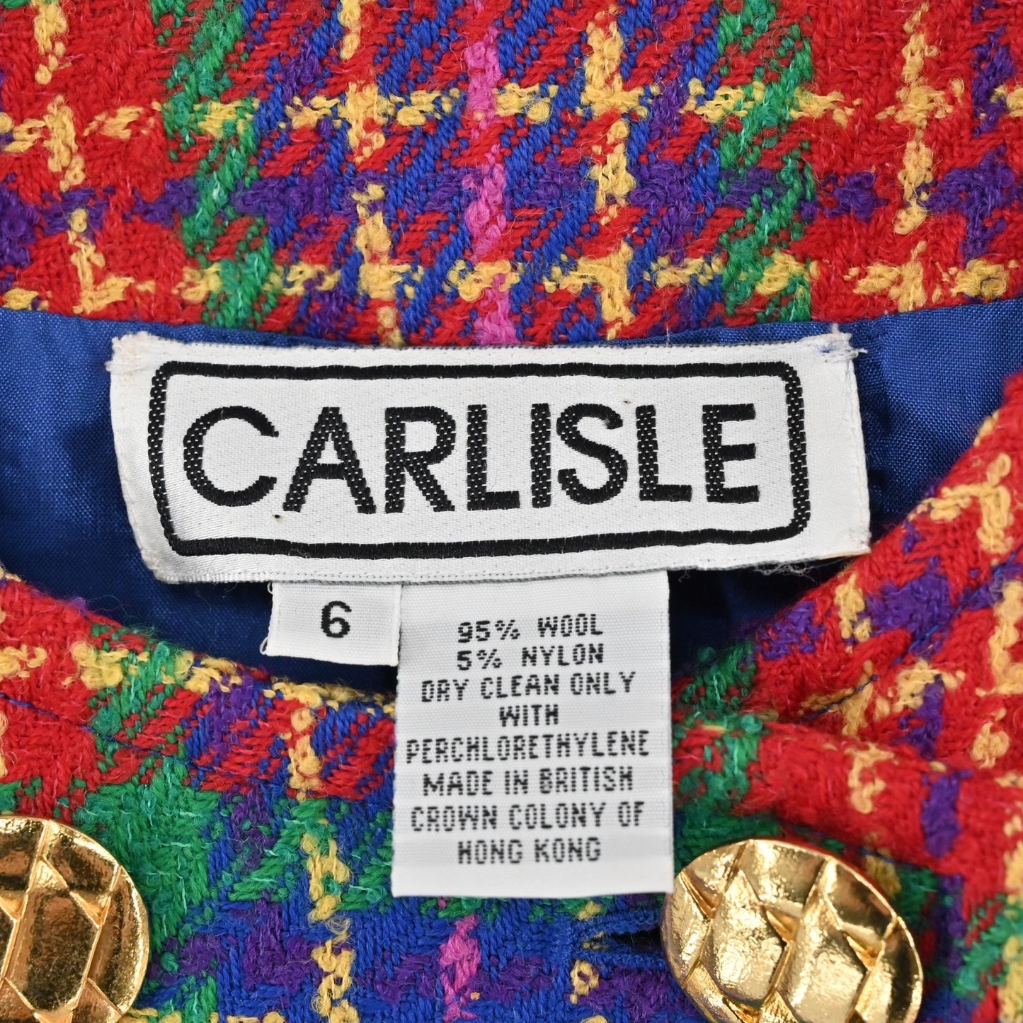 Vtg Carlisle Womens Plaid Wool Blazer Size 6 Collarless Double Breasted Jacket