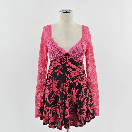 Delias Dolls Kill Watermelon Sugar Velvet Burnout Dress Size M Lace Floral Mini