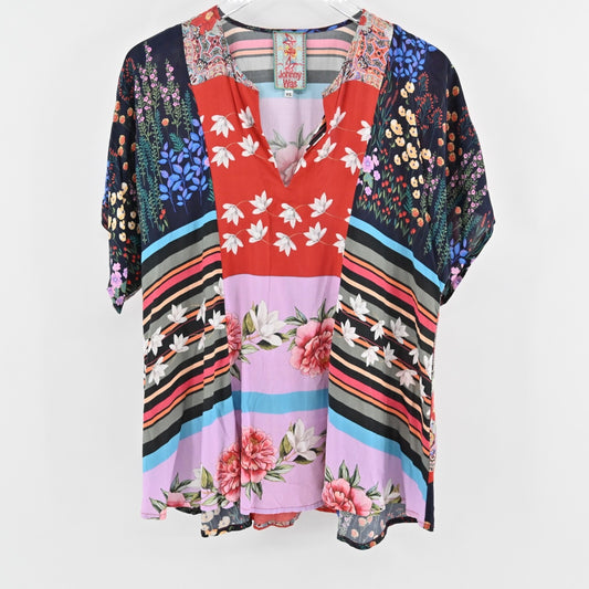 JOHNNY WAS Womens Samira Challis Top Sz XS Multicolor Patchwork Floral OVERSIZED