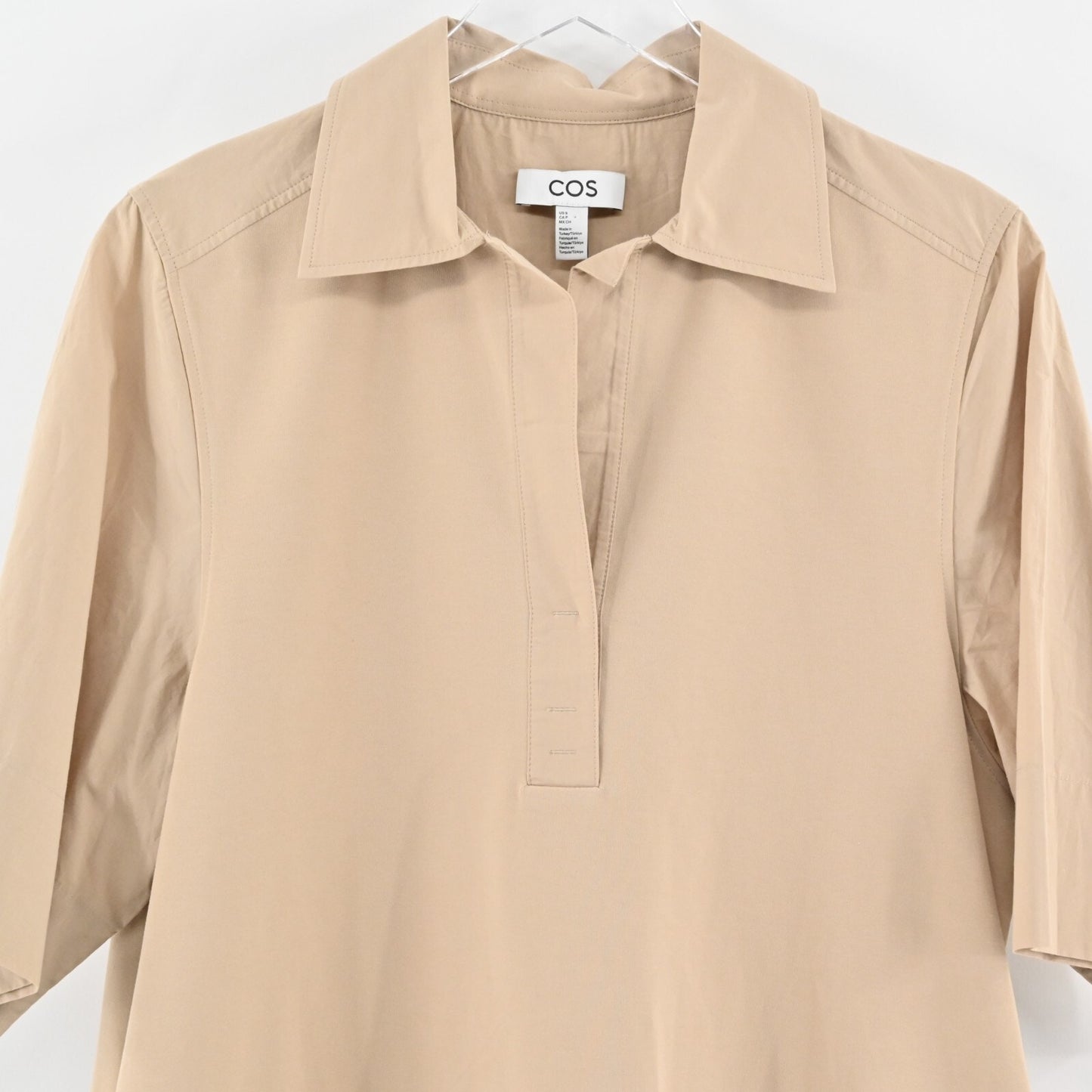 COS Khaki Shirt Dress Size S Open Collar Oversized Shift Casual Neutral Preppy
