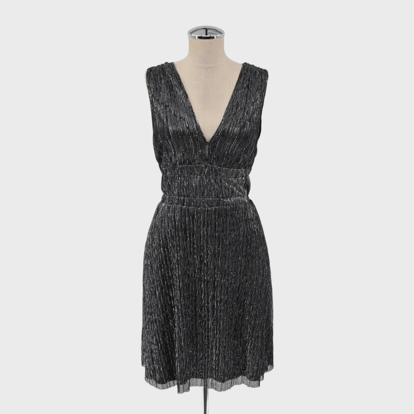 MAJE Womens Shimmer Mini Dress Size S Shiny Metallic Black Silver Sleeveless