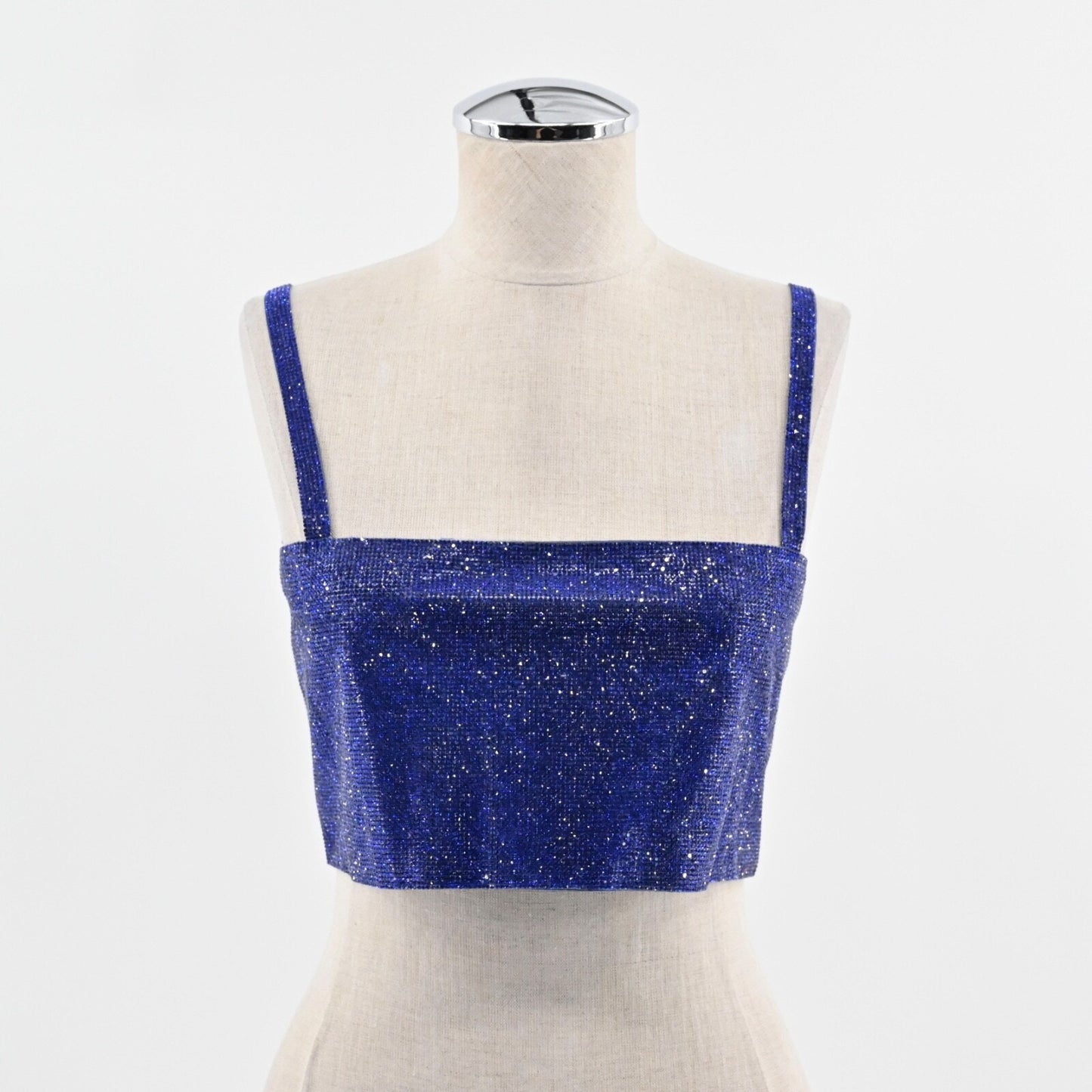 12TH TRIBE Womens Rhinestone Top Sz S Blue Square Neck Spaghetti Strap Crop Glam