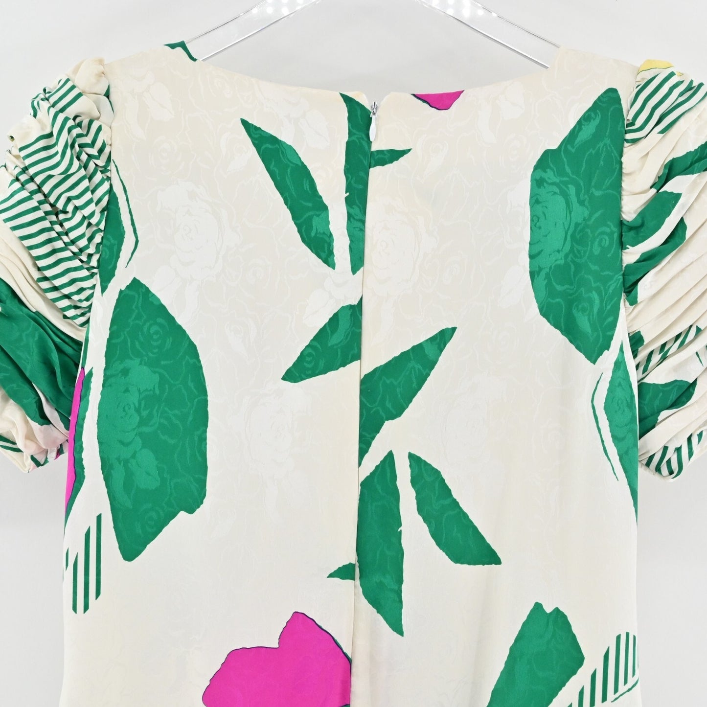 Vtg Cocktail Dress Sz L White Floral Silk Puff Sleeve Ruched Square JAYNA 80s