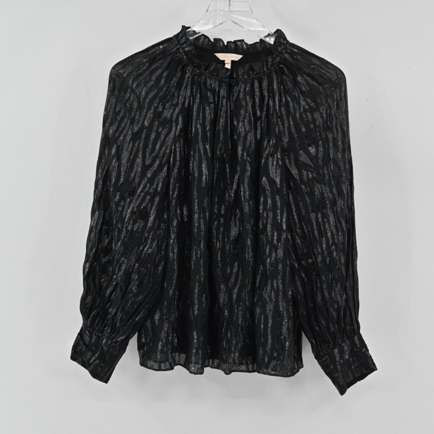 REBECCA TAYLOR Top Womens Sz 4 Black Metallic Safari Silk Ruffle Balloon Sleeves
