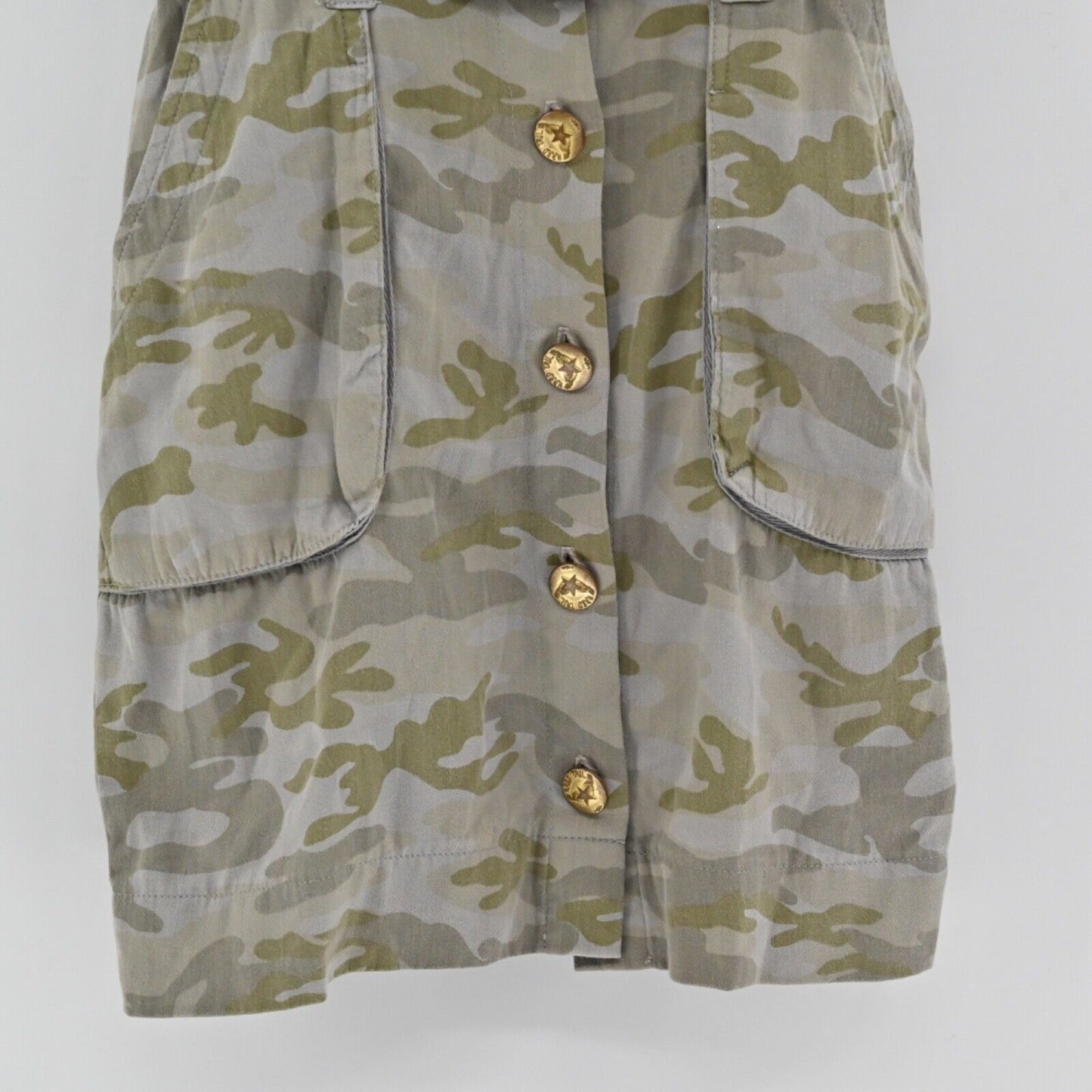 HARD TAIL Dress Womens Sz XS Camo 100% Cotton Belted Button Front Cap Sleeve Y2k