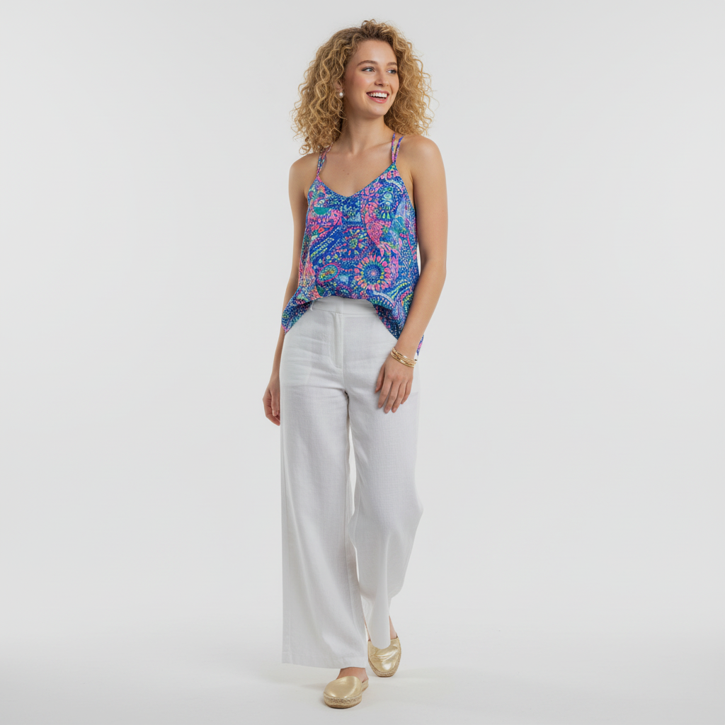 Lynn's Closet Boutique model wearing a Lilly Pulitzer silk tank top with a blue and pink No Prob Llama print