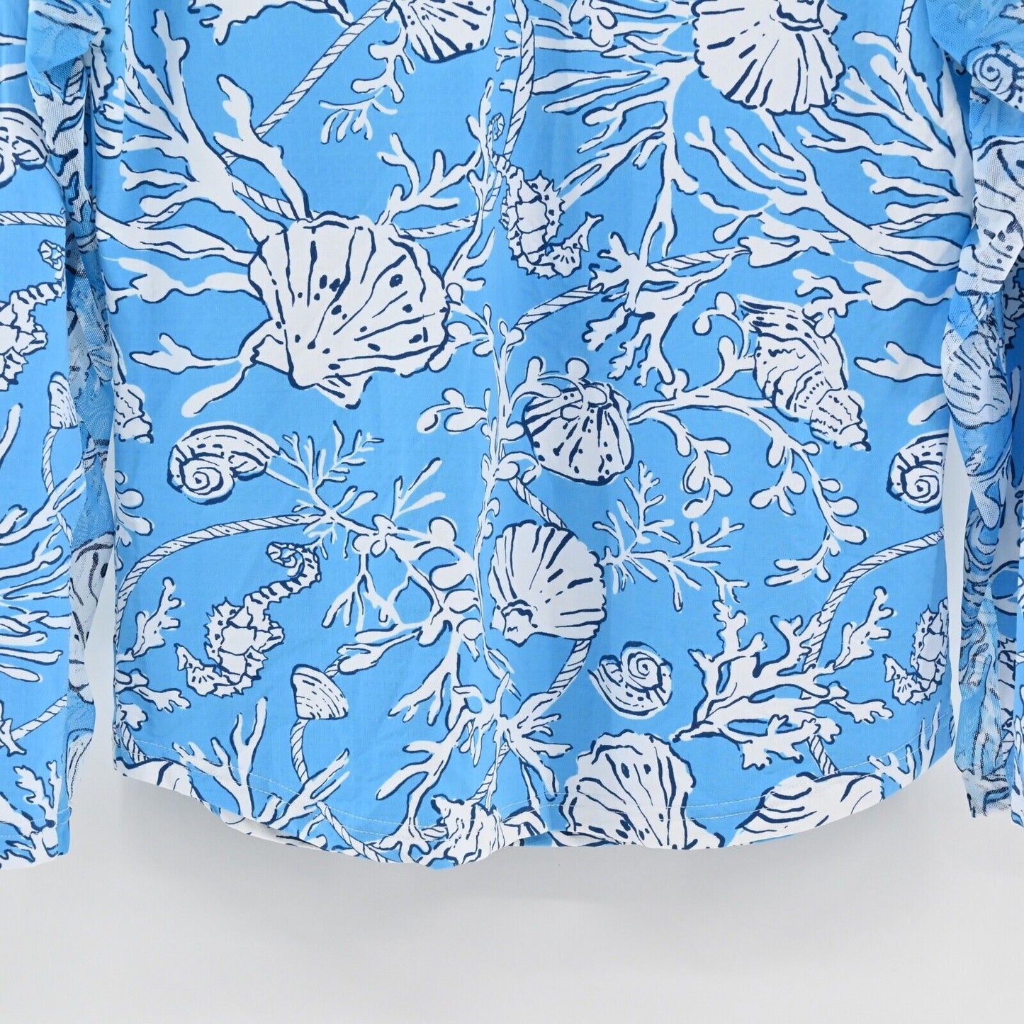 ICIKULS Top Womens Size M Blue Tropical Seashell Print Quarter Zip Long Sleeve