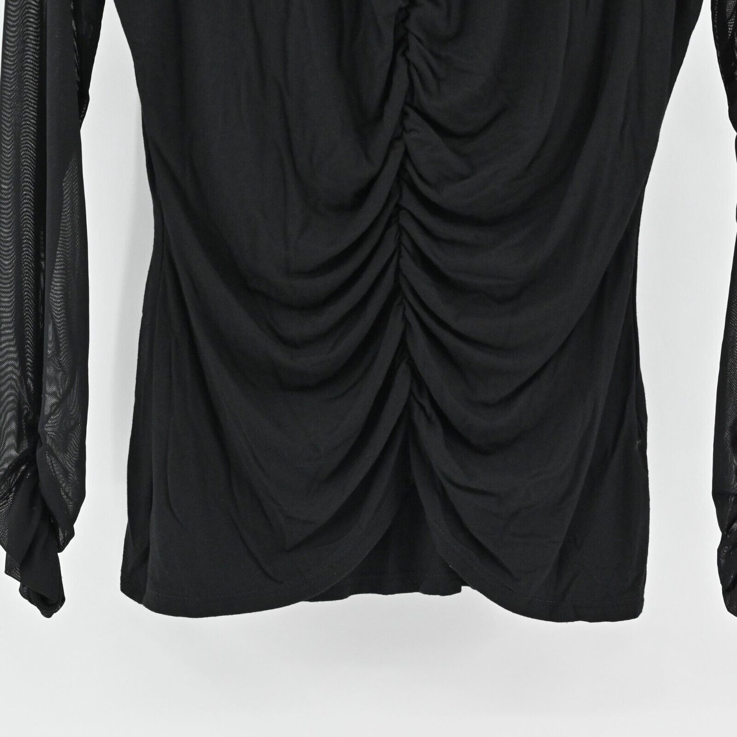 BOSTON PROPER Top Womens Size M Ruched Black Sheer Sleeve Mock Neck Stretch
