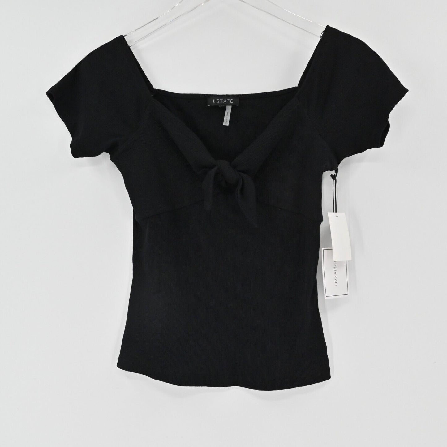 1 STATE Top Womens Size M Black Chic Classic Knotted Front Ribbed Minimalist NEW