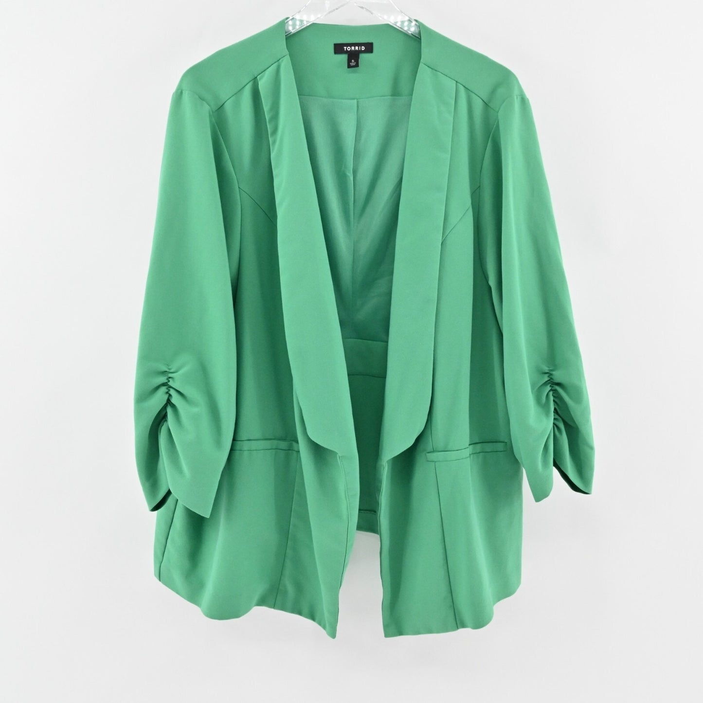 TORRID Blazer Womens Size 5 Green Ruched 3/4 Sleeve Open Front Jacket Career