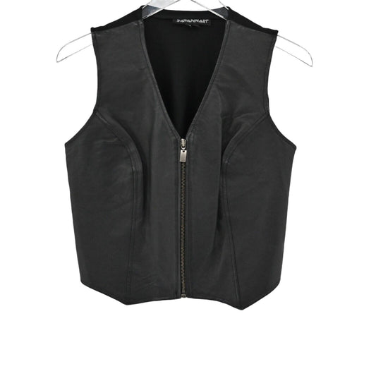 Vtg SAVANNAH Vest Womens Sz S Black Leather Combo Zip Up Sleeveless Biker Retro