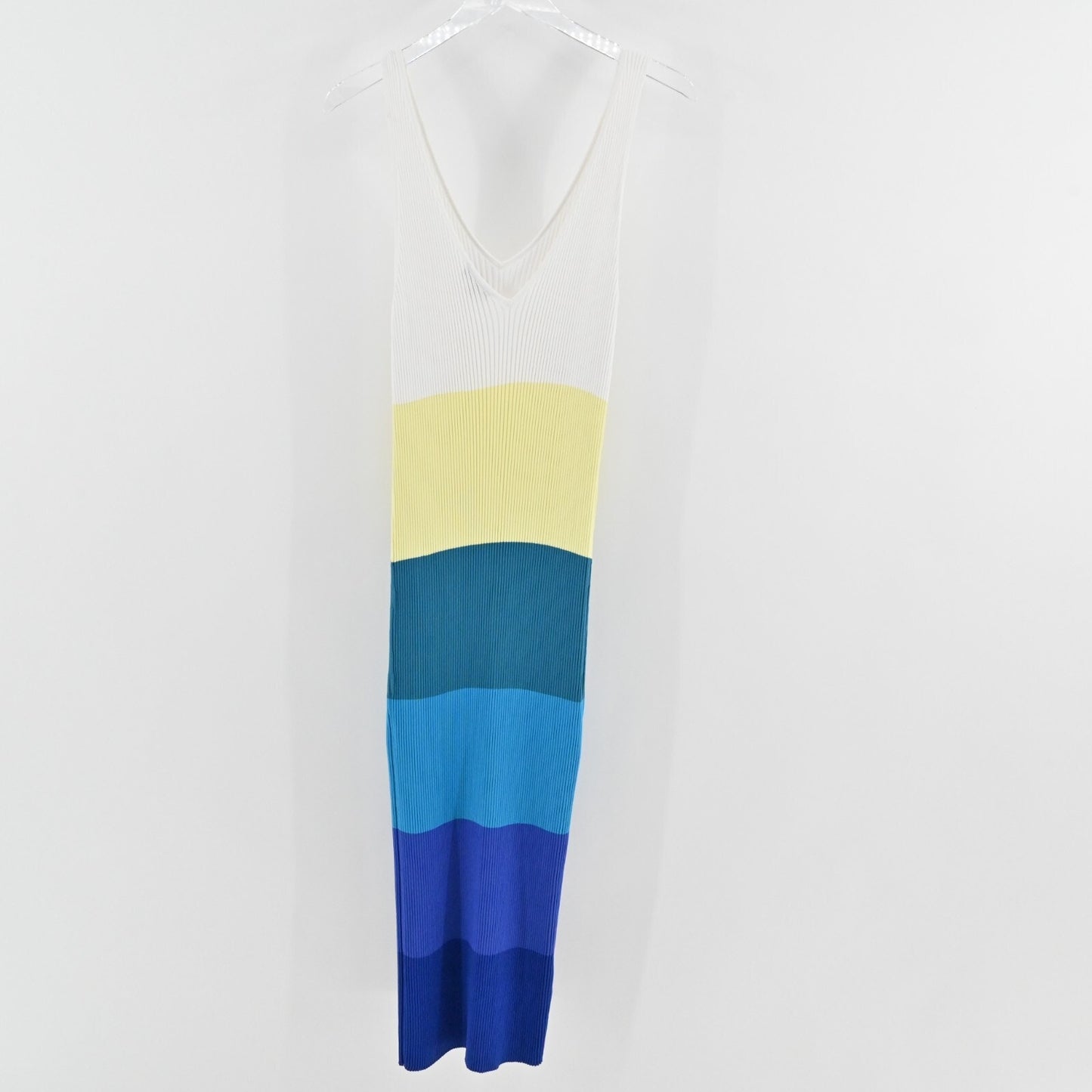 STAUD Dress Size L Dana Blue Colorblock Sleeveless VNeck Rib Knit Fitted Midi