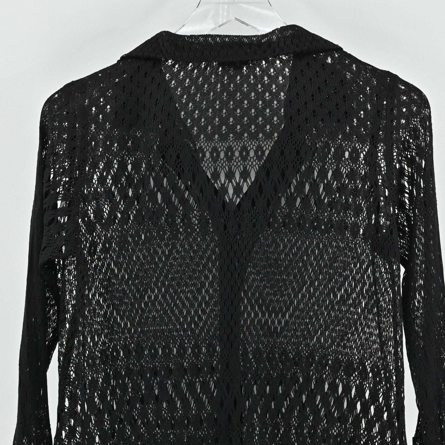 Vtg Y2k Mica Womens Black Knit Crochet Top Size 4 Sheer Mesh Button Long Sleeve