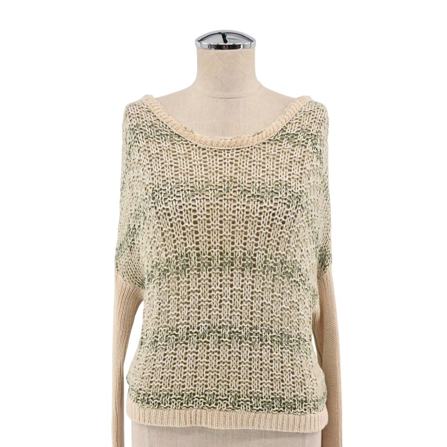 FREE PEOPLE Sweater Womens Size XS Long Sleeve Knit Beige Green Stripe Top Boho