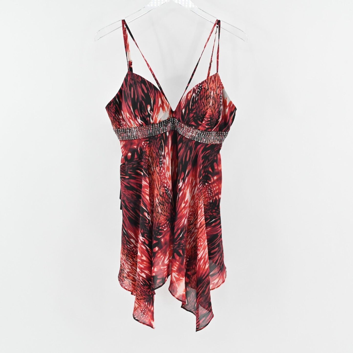 BEBE Top Womens Sz L Red Criss Cross Tunic Sleeveless Rhinestone Asymmetric NEW