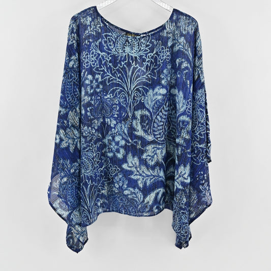Bob Mackie Womens Kaftan Blue Top Size 3X Metallic Floral Wearable Art Flowy NEW