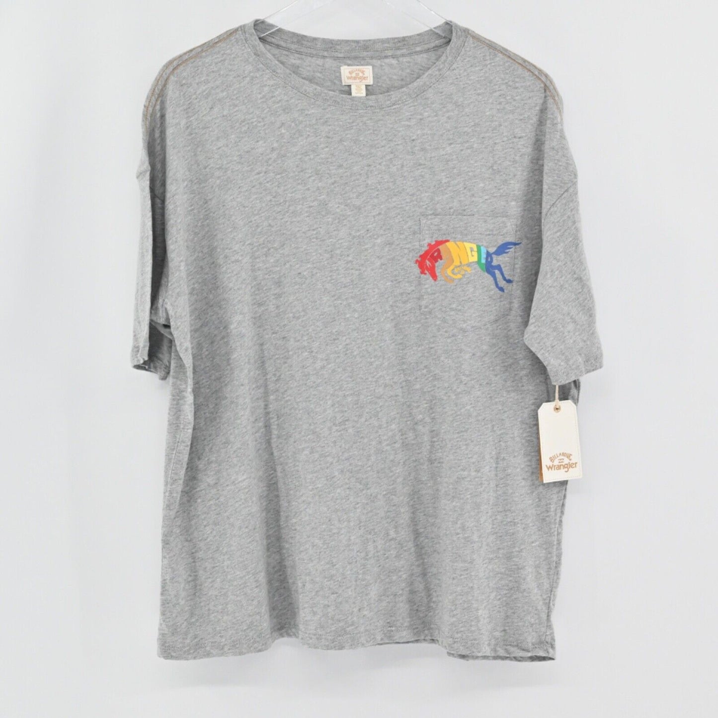 BILLABONG x WRANGLER T Shirt Womens Sz S Gray True Boy Pocket Rainbow Cotton NEW