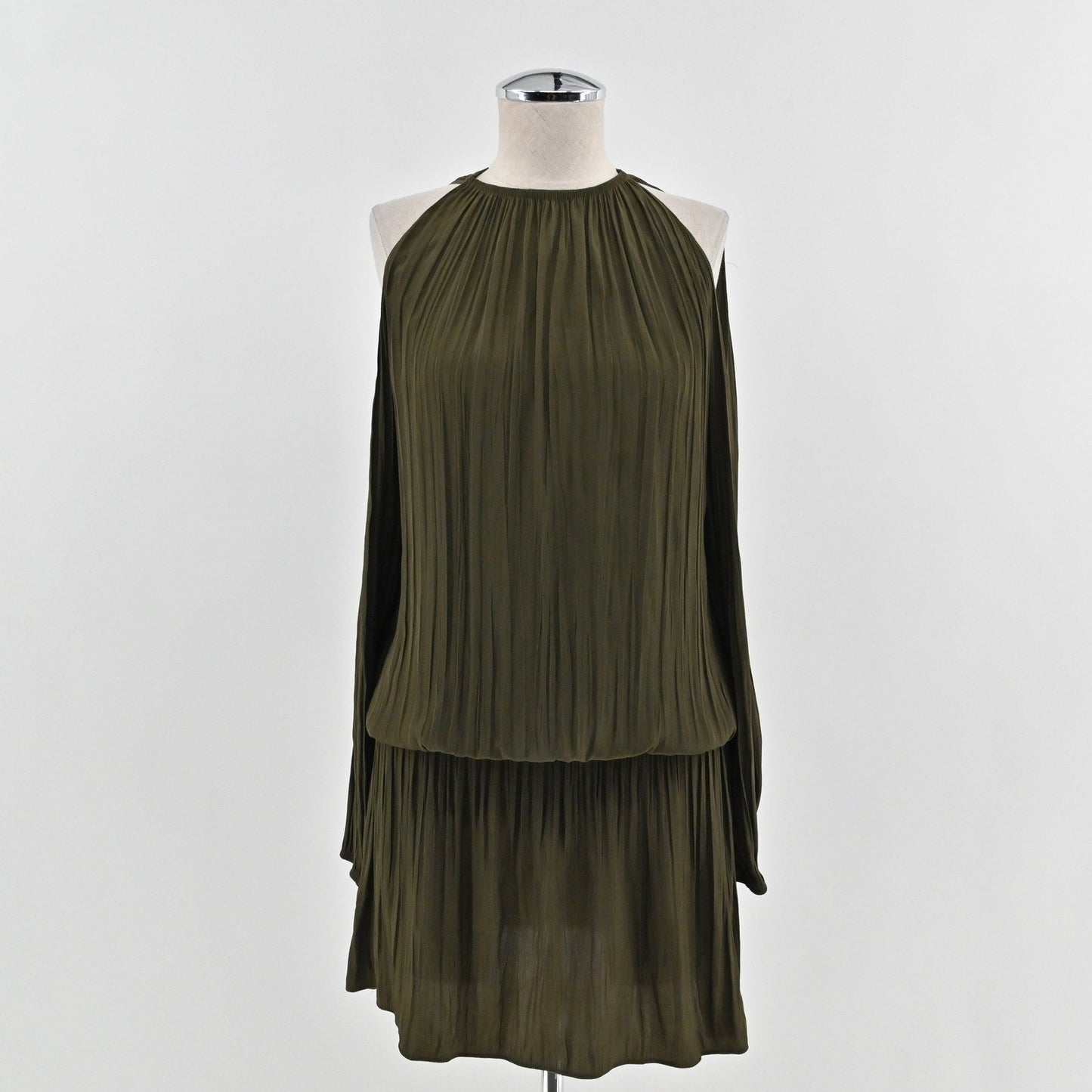 Ramy Brook Lauren Cold Shoulder Dress XXS Olive Green Pleated Earthy Ethereal