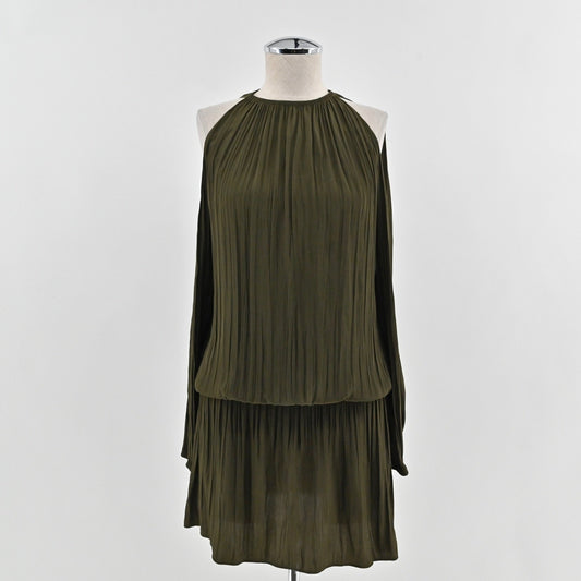 Ramy Brook Lauren Cold Shoulder Dress XXS Olive Green Pleated Earthy Ethereal