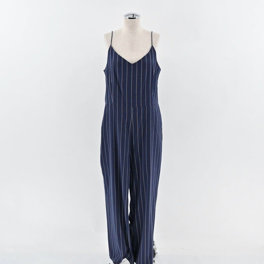 GANNI Jumpsuit Womens Size 42 Navy Blue Stripe Spaghetti Strap V Neck Wide Leg