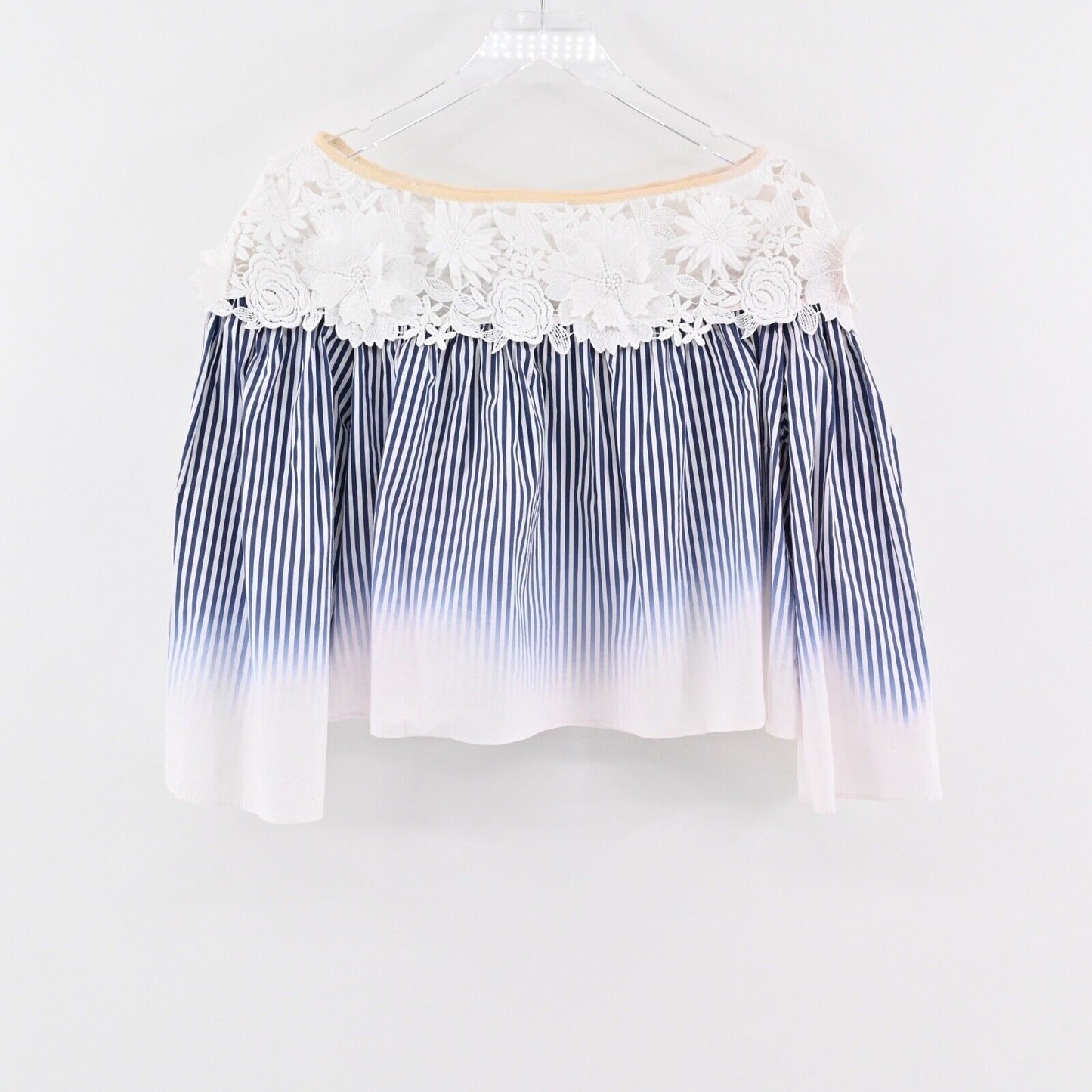 MILLY Top Womens Sz 10 Blue Stripe Lace Cotton Off The Shoulder Bell Sleeve USA