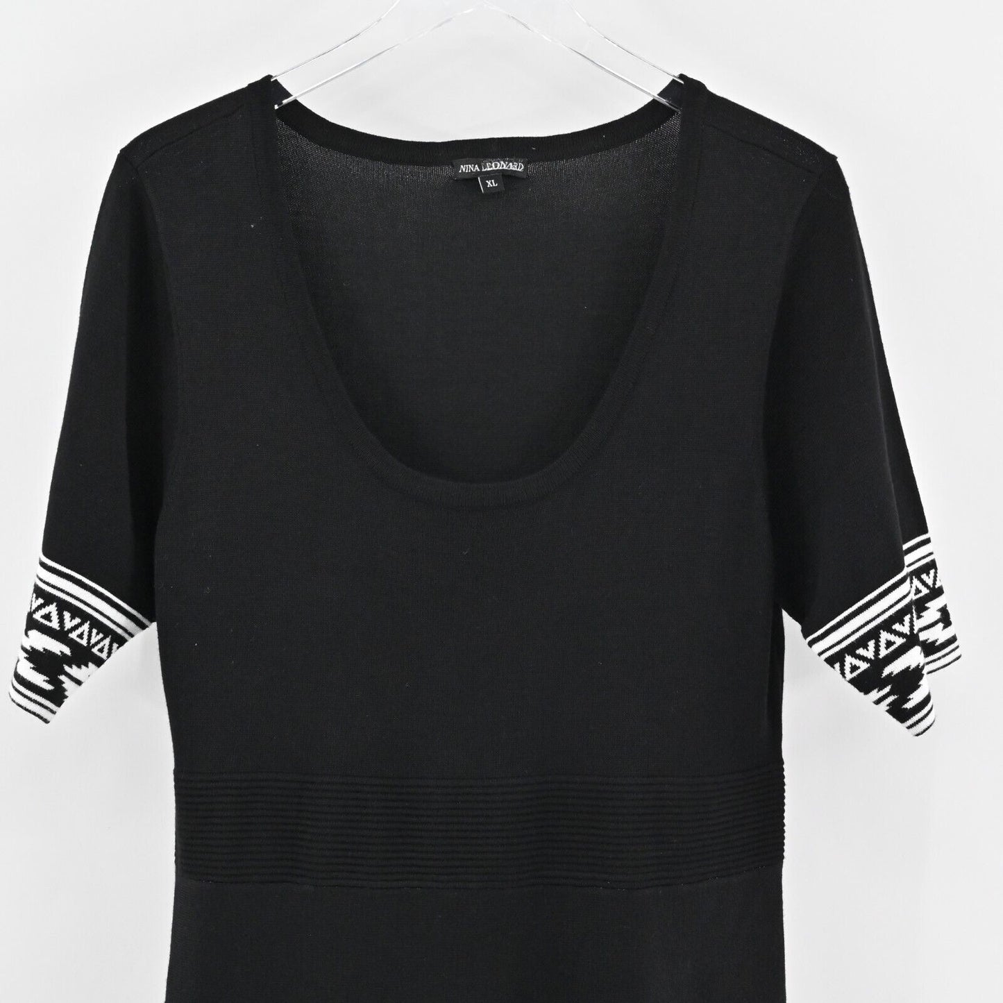 NINA LEONARD Dress Size XL Fit Flare Sweater Mini Black White Trim Scoop Neck