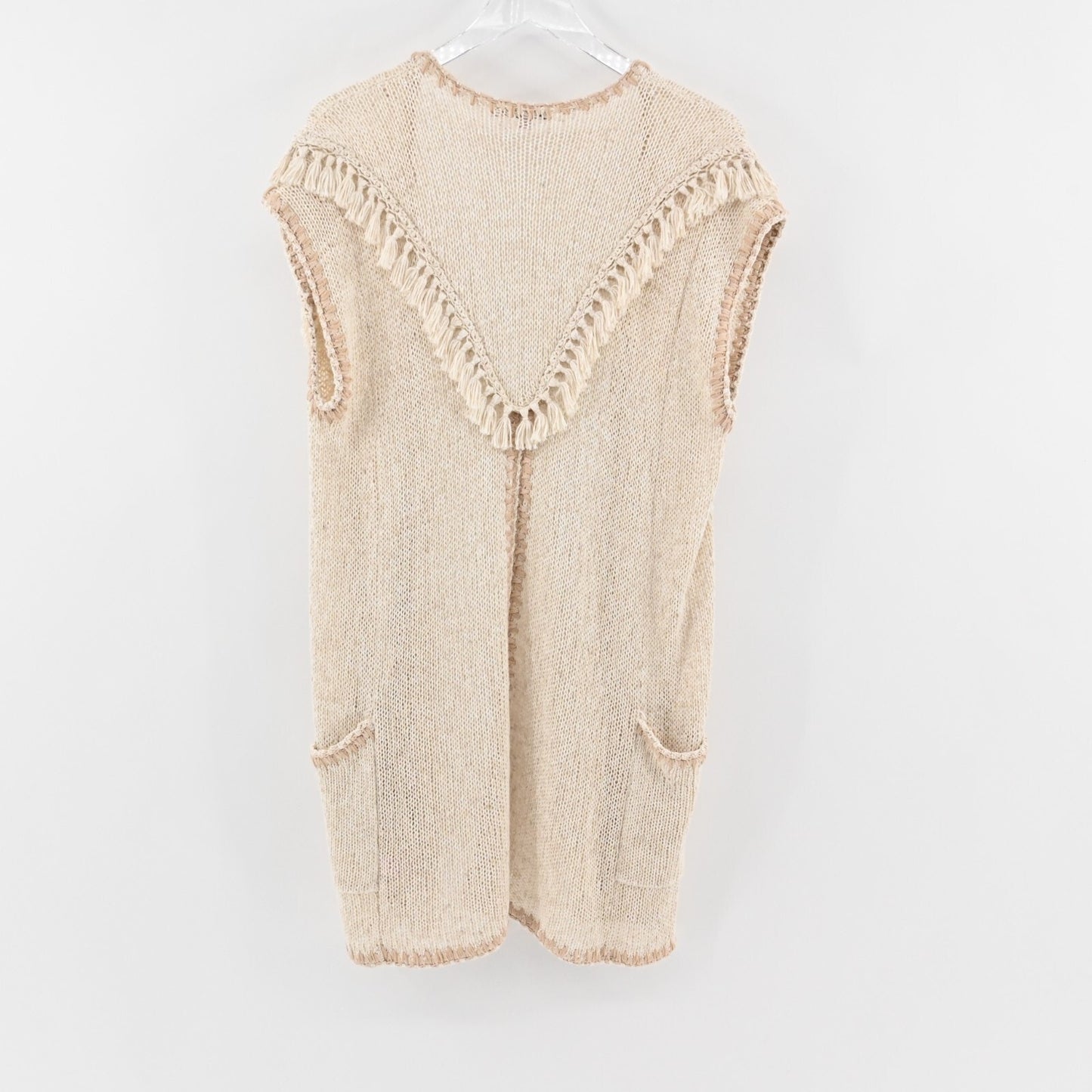 CALYPSO St Barth Cardigan Sweater Womens Size 0 Beige Knit Fringe Boho Festival