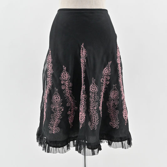 Vtg CAROLE LITTLE Skirt Size 8 Black Silk Pink Embroidered Tulle Witchy ALine