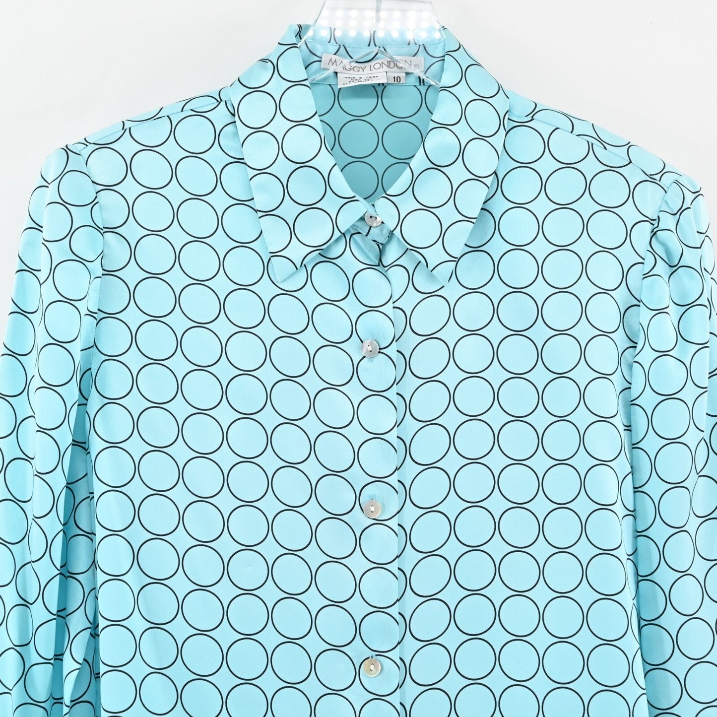 Vtg MAGGY LONDON Blue Silk Top Womens Size 10 Button Circle Blouse Classic Retro