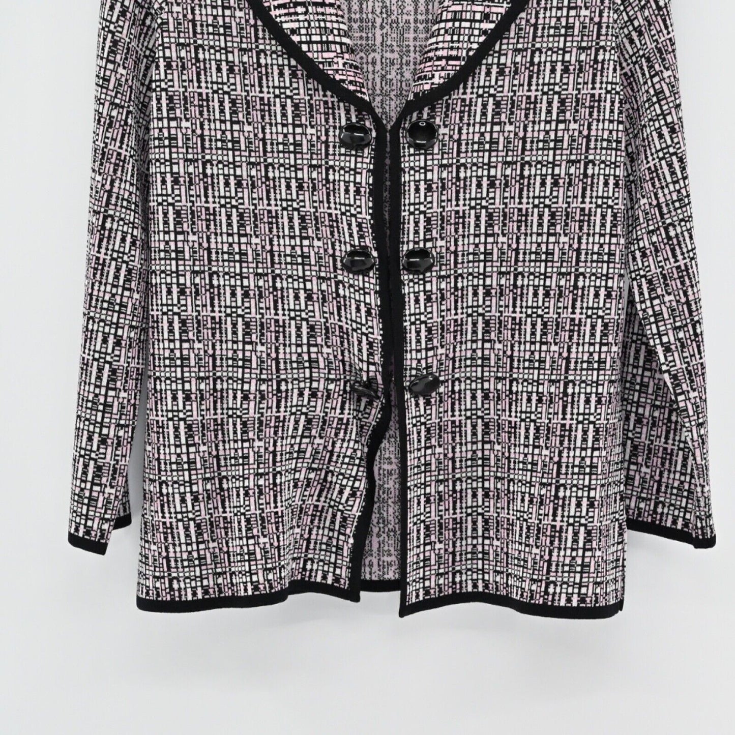 MISOOK Womens Knit Jacket Sz S Blazer Black Pink Print Retro Career Quiet Luxury