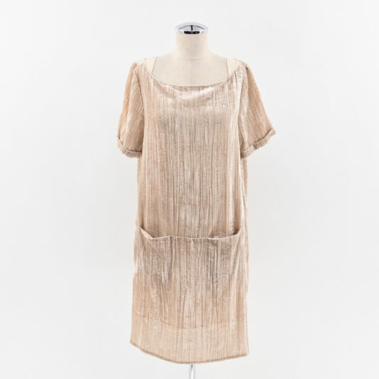 ANTHROPOLOGIE Dress Sz S Beige Crushed Velvet Short Sleeve Pocket Shift FLOREAT