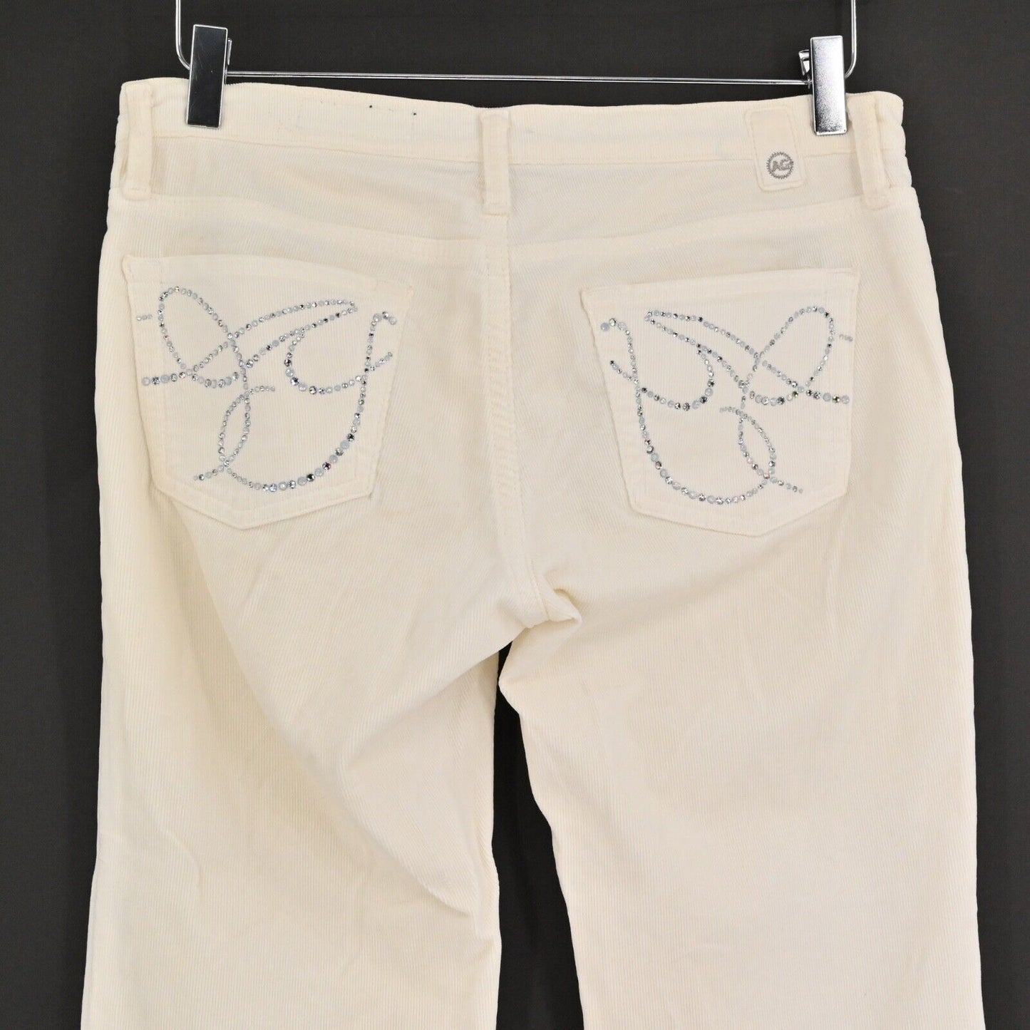 AG Pants Womens Sz 27 Ivory Corduroy The Angel Bootcut Low Rise Rhinestone Logo