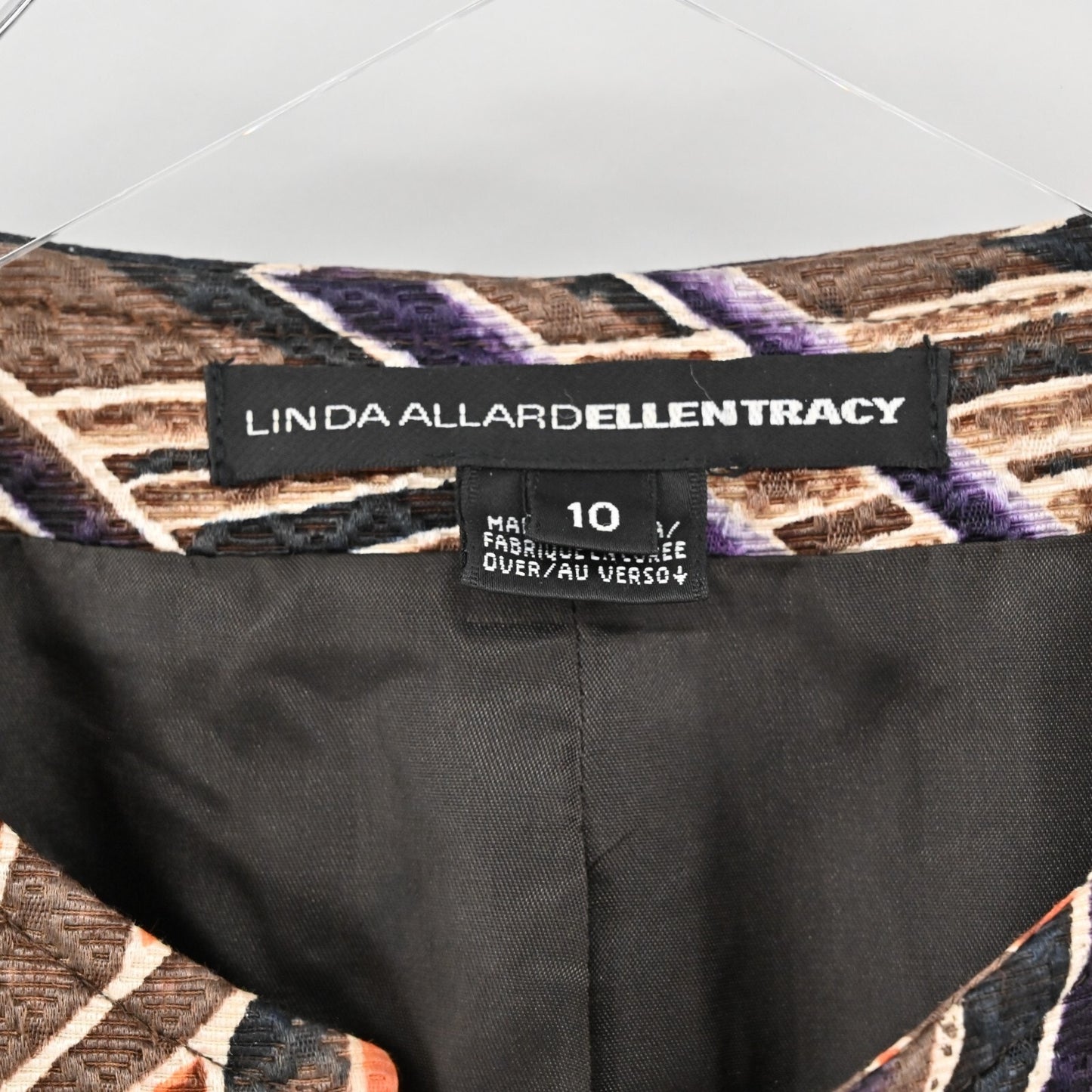 Vtg ELLEN TRACY LINDA ALLARD Womens Silk Jacket Size 10 Leaf Print Collarless