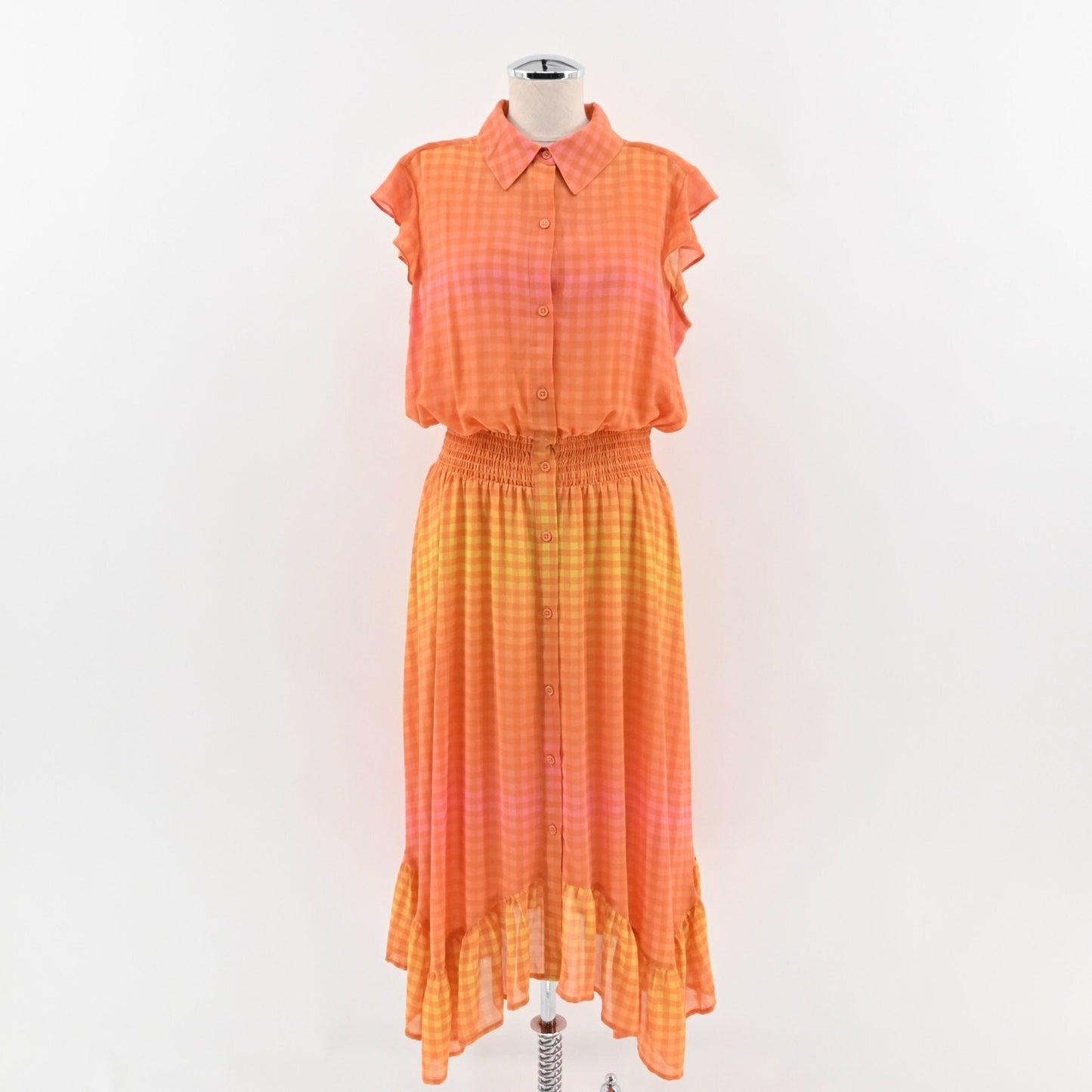 G by GIULIANA Dress Size L Orange Ombre Gingham Print Button Front Smocked Midi