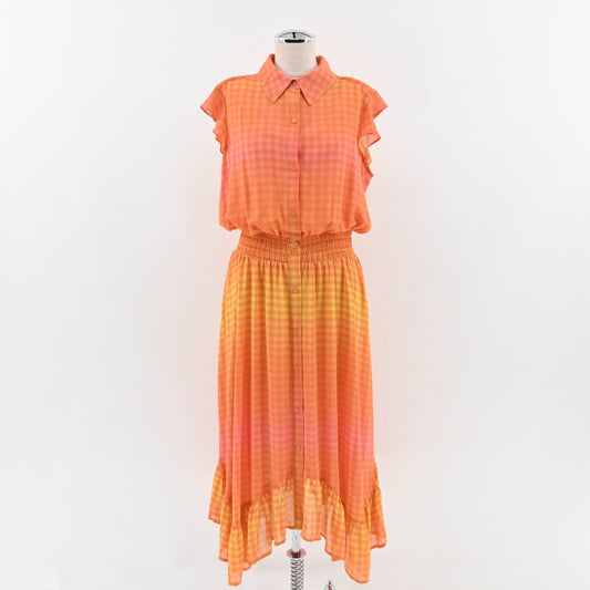 G by GIULIANA Dress Size L Orange Ombre Gingham Print Button Front Smocked Midi