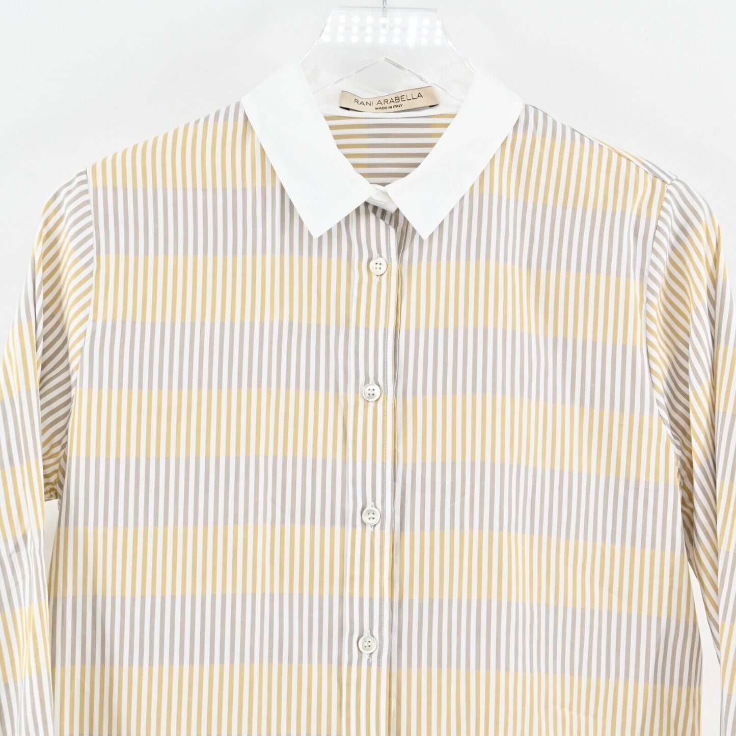 RANI ARABELLA Top Womens Sz L Yellow Tan Stripe Button Italy Cotton Quiet Luxury