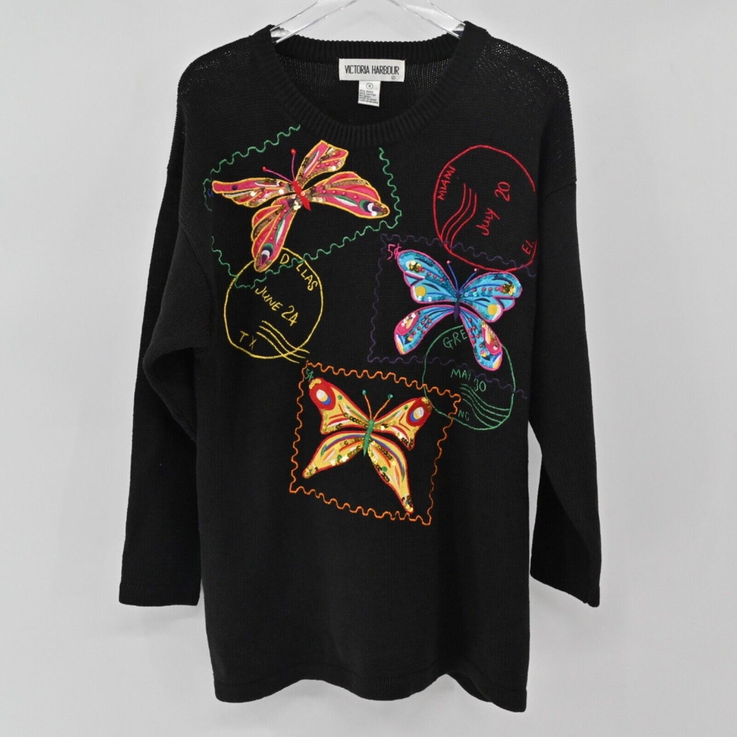 Vtg VICTORIA HARBOUR Sweater Womens Sz S Black Embroidered Butterfly Stamps 90s
