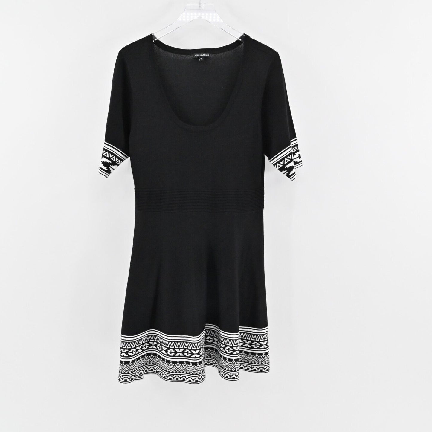 NINA LEONARD Dress Size XL Fit Flare Sweater Mini Black White Trim Scoop Neck