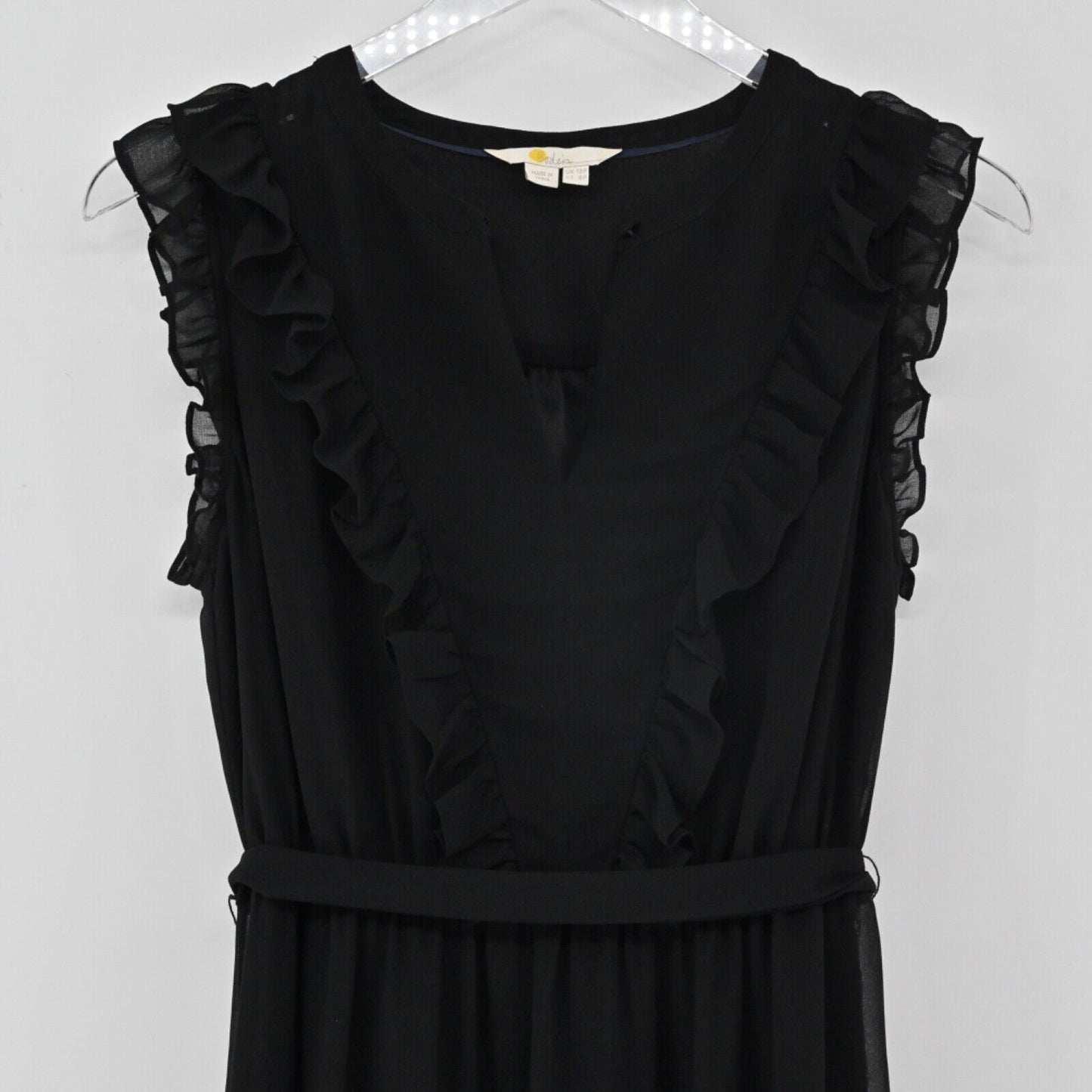 BODEN Dress Womens Sz 8P Black Sleeveless Ruffle Elise Midi Shift ANTHROPOLOGIE