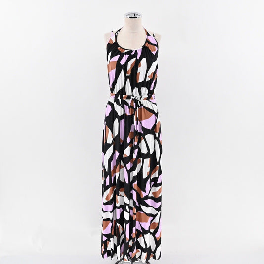 SOMA WKND Dress Size S Black Print Drawstring Waist Pockets Layered Halter Maxi