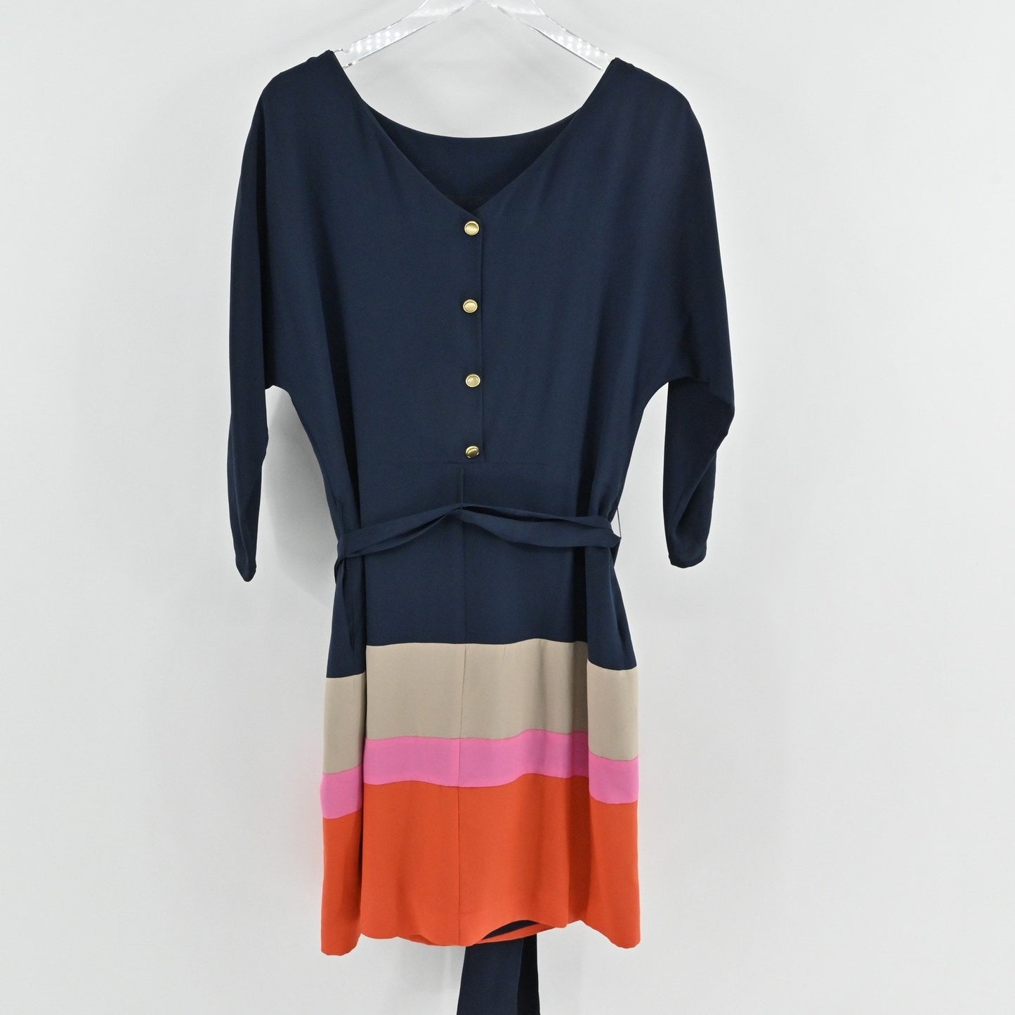 Eliza J Color Block Dress Size 10 Belted Button Navy Contemporary Modern Career