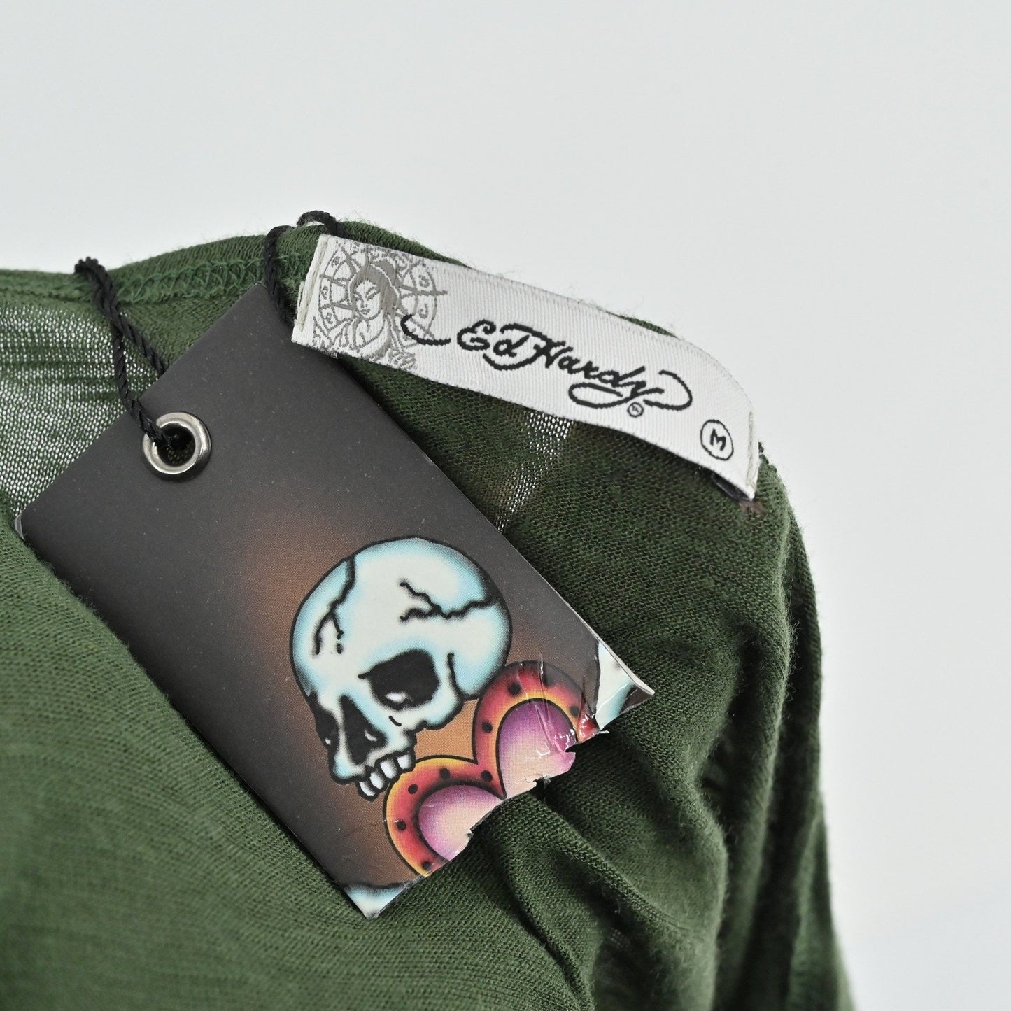 Ed Hardy Rhinestone Embellished Dress Size M Olive Green Y2k Edgy Grunge Indie