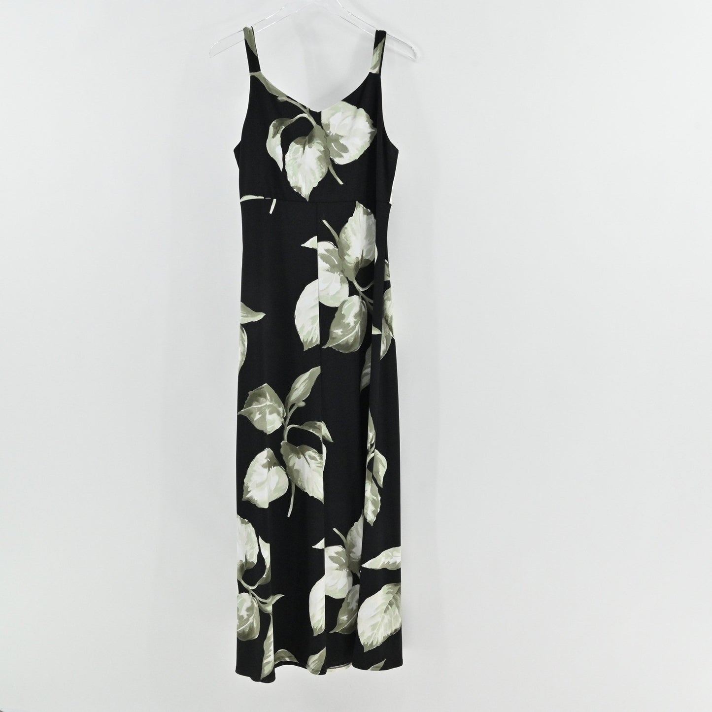 WHBM Maxi Dress Size M Black Green Floral Tropical Cruise Sleeveless Romantic