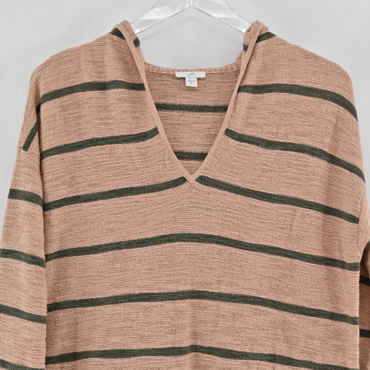 J JILL Sweater Womens Size S Tall Knit Olive Green Tan Stripe Long Sleeve Hoodie