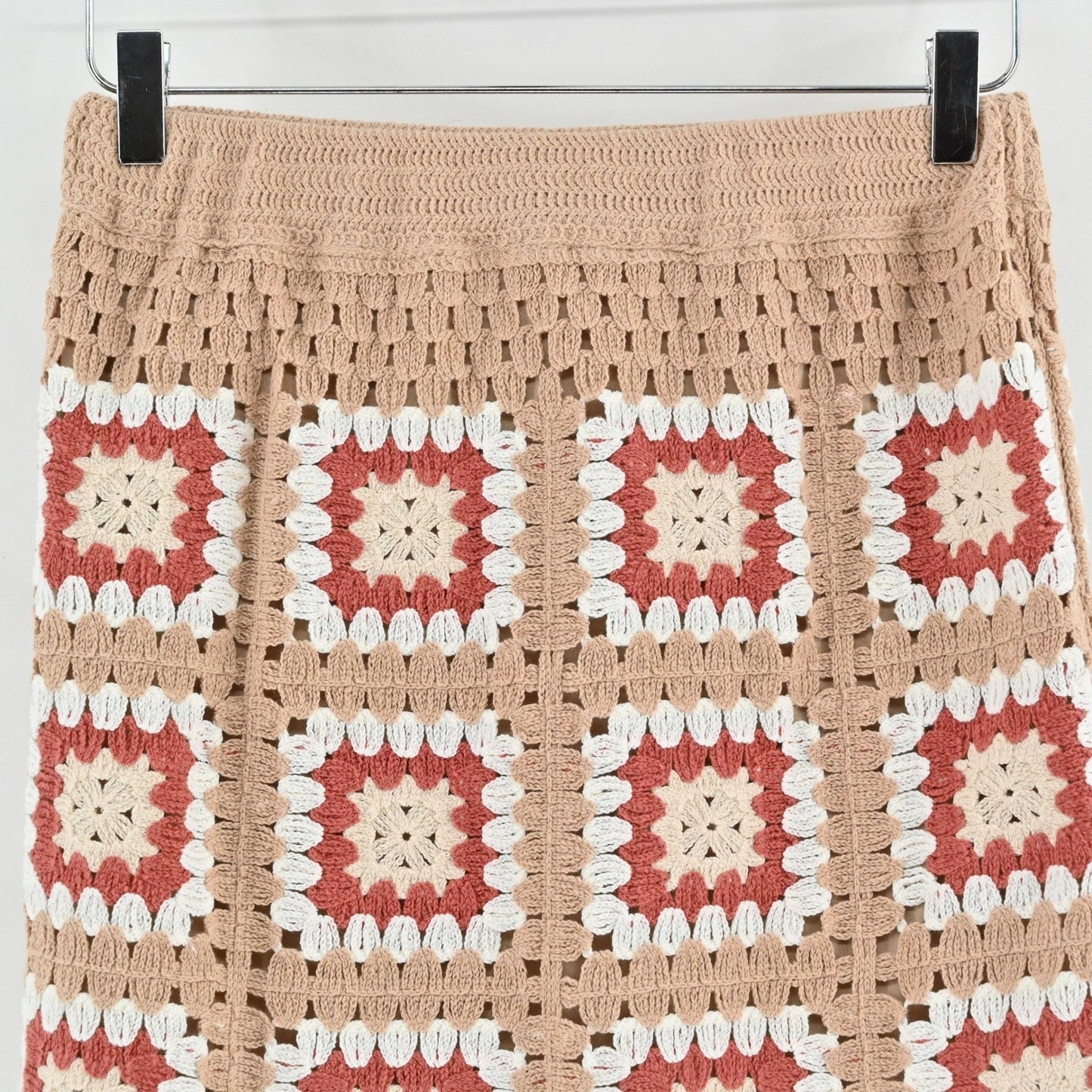 Lulus Womens Granny Squares Crochet Mini Skirt Size S Tan Boho Festival Lined