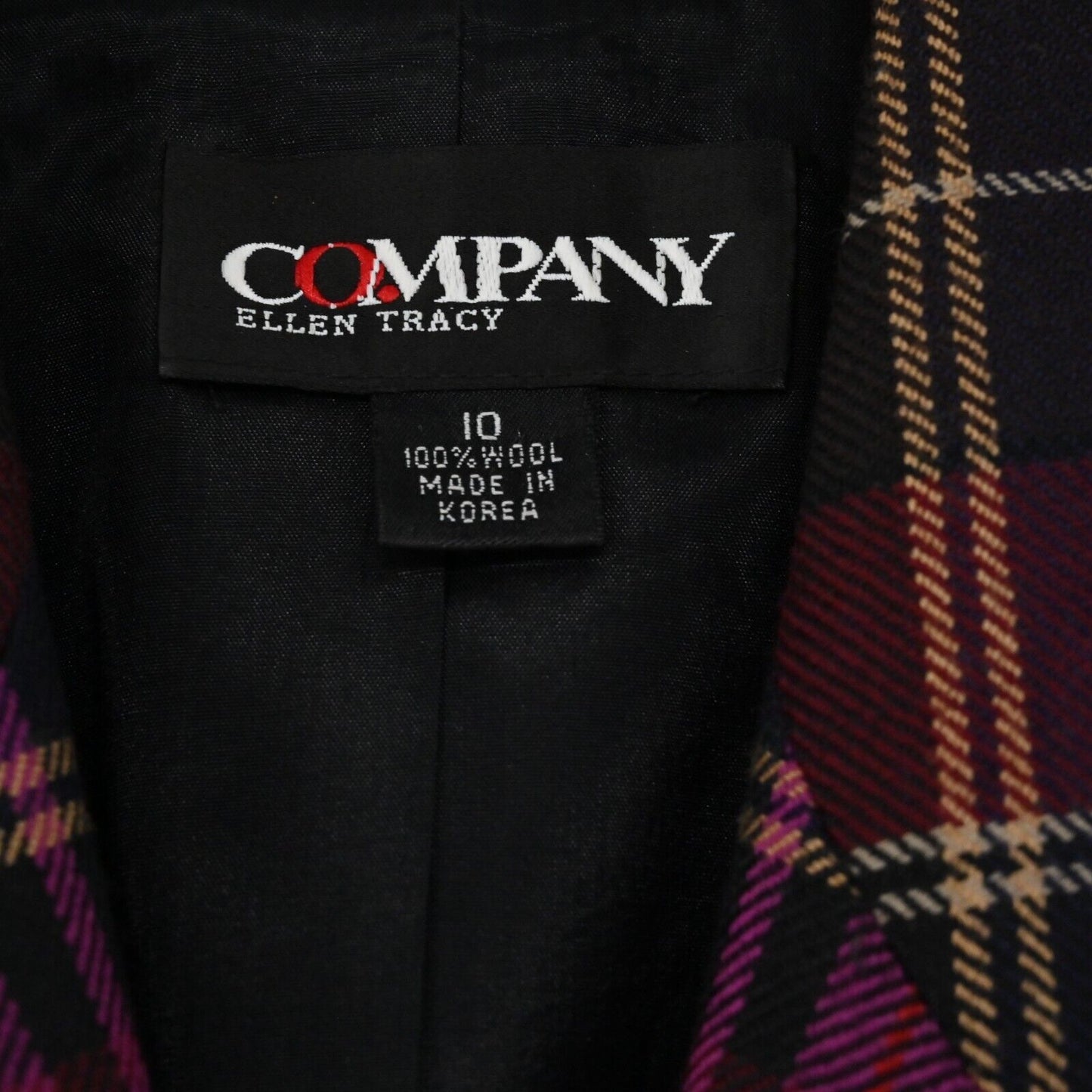 Vtg ELLEN TRACY Blazer Womens Size 10 Purple Plaid 100% Wool Single Breasted 90s