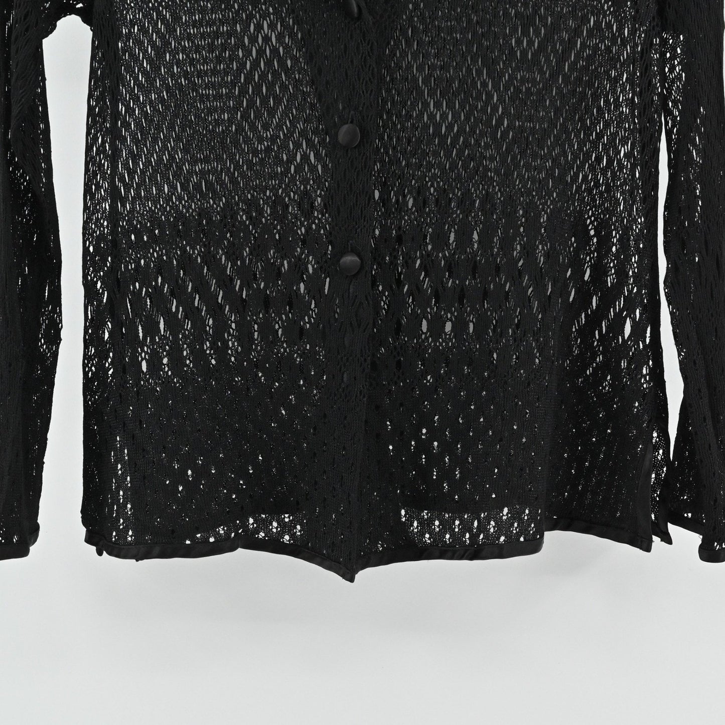 Vtg Y2k Mica Womens Black Knit Crochet Top Size 4 Sheer Mesh Button Long Sleeve