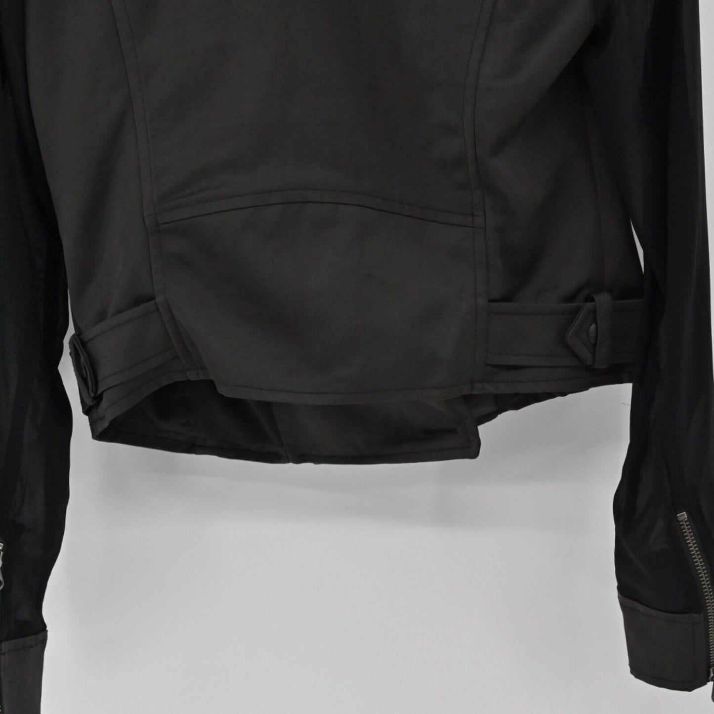 GUESS Jacket Womens Sz S Black Asymmetric Full Zip Sheer Sleeve Crop Moto Grunge