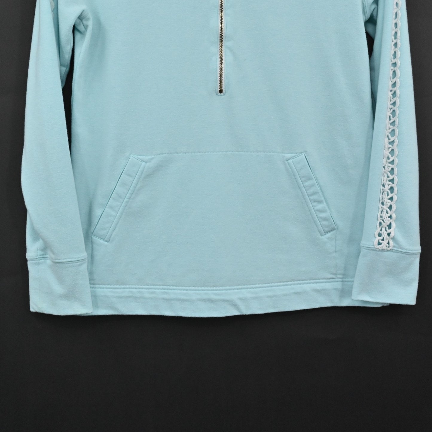 Lilly Pulitzer Womens Skipper Pullover Size S Teal Mock Neck Crochet Sweatshirt