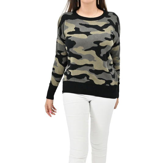 ISAAC MIZRAHI Sweater Womens Size M Green Black Camo Knit Crewneck Pullover Army